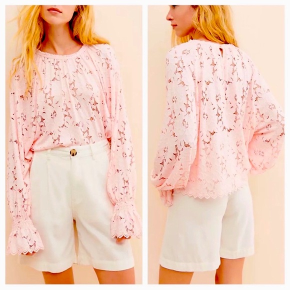 NWT Free People Olivia Lace Top blouse Edwardian sleeves Shirt XS powder pink - Picture 2 of 16